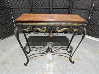 Wood Top Entry Table w/ Ornate Design & Wrought Iron Base 