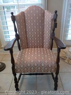 Vintage Silk Covered Wingback Wooden Arm Chair