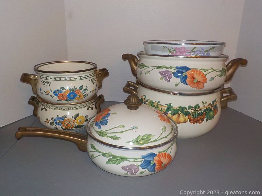 Vintage Floral German Enamel Cookware Set- 9 Pieces
