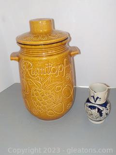 German Rumtopf Crock For Fruit Fermentation (Circa 1960’s) and Grey/Blue Stoneware Wine Jug/ Pitcher
