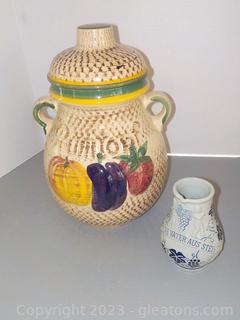 German Rumtopf Crock for Fruit Fermination/Circa 1960’s and Grey and Blue Stoneware Wine Jug/Pitcher