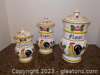 “Roasters and Roses” 3 Piece Royal Sealy Ceramic Canisters from Japan