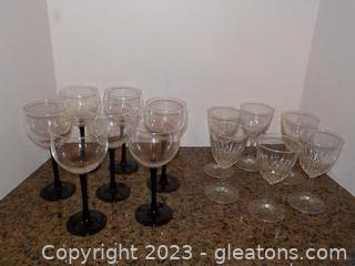 Set of 7 Wine Goblets with Black Swirl Stems and 6 Cristal D’arque Clear Wine Glasses