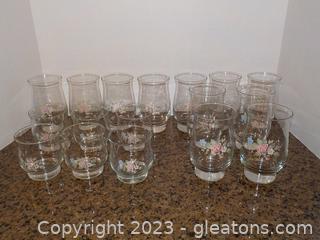 2 Sets Vintage Tea Rose Pfaltzgraff Water/Juice Glasses 17 Pieces)