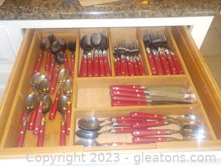 Set of Red Washington Forge Riveted Stainless Steel Everyday Dinnerware (68 Pieces)