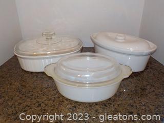 3 White Casserole Dishes with Lids, 1 Rice Doily