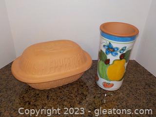 Vintage Romertopf Clay Baker Roaster with Lid, and a Painted Clay Utensil Holder 