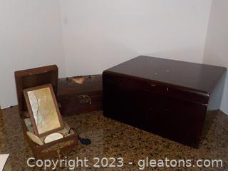 3 Varied Wooden Boxes- Larger for Storage and Painted Storage Box and Mirrored Jewelry Box Gold-Tone Pill Box 