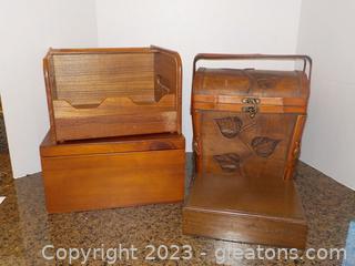 Varied Wooden Boxes- 2 Storage Handled chest and Stationery Box with Siding Lid 