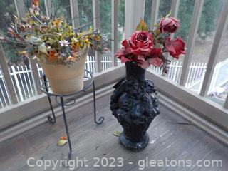 Black Ceramic Vase and Metal Plant Stand w/Ceramic Pot 
