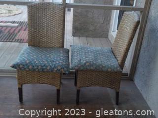 Pair of Blond Rattan Side Armless Chairs on Wood Frame with Cushions 