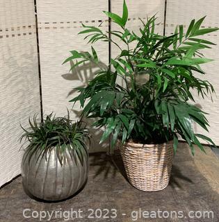 Two Faux Plants Including One in Metal Pumpkin Look Planter
