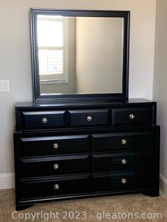 Nine Drawer Dresser with Silver Pulls and Attached Mirror
(Upstairs)