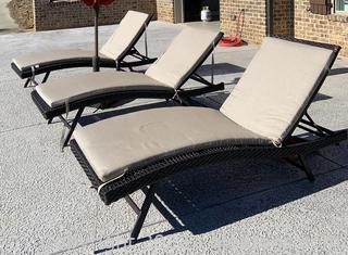 Three Resin Wicker Chaise Lounge Chairs with Cushions