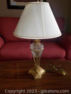 Pretty Gilded Metal Table Lamp with Glass Center Accent, and Shade