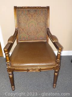 Intricately Carved Hardwood Armed Accent Chair with Brocade Back
