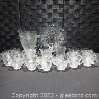 24pcs of Floral Inspired Glassware Including A Jeanette Glass Irish Pitcher 
