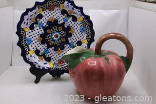 Vintage Italian Apple Shaped Pitcher & Scalloped Plate 