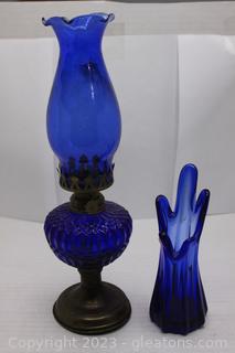 Ribbed Cobalt Blue Glass Oil Lamp & Cobalt Blue 5 Finger Bud Vase 