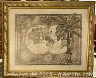 Framed Art: “Terra Graphic II” by Charlene Olson World Globes and Palm Tree 