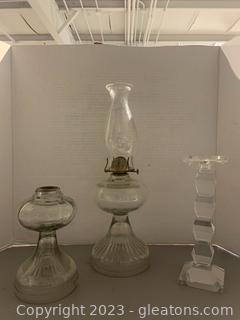 Elegant Crystal Candlestick Holder by Z Gallerie and An Oil Lamp and Extra Base 