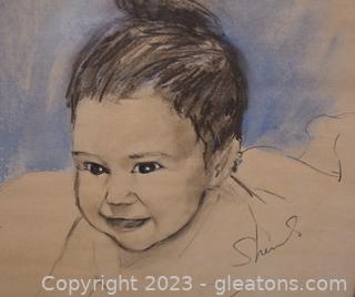 Framed Original Art Pastel of Baby Signed By Artist 