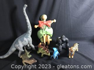 Wooden Clown on Unicycle, Scary Dinosaurs, Ape and Tiger 