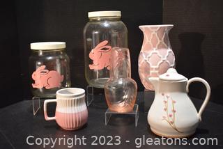 Pretty In Pink- Dunbar Tumble Up Carafe, Tumble- Vase-Mug- Teapot- Bunny Canister 