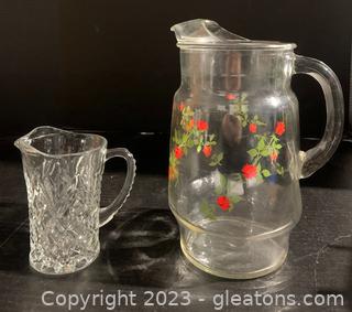 Two Pitchers Including Anchor Hocking Red Roses and a Small Crystal
