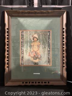 Vintage Openwork Framed Depiction of Good House Keeping Cover-Young Girl Holding Posies