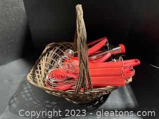 Basket Full of Red Handled Kitchen Utensils (lot of 10+)