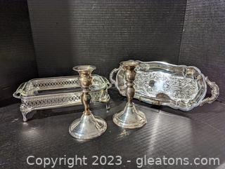 Pair of Lovely Etched Metal Serving Dishes w/ Anchor Candlestick Holders 