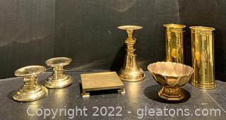 Seven Brass Items Including A Tibetan Lotus Offering Bowl 