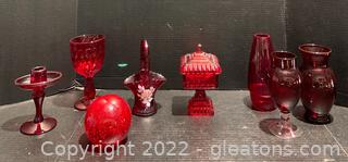 Ruby Red Glass Collection Including a Hand Painted and Signed Westmorland Basket (8pc) 