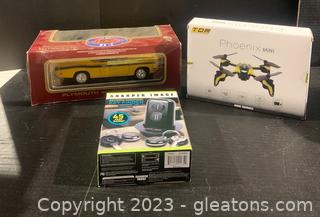 Die Cast 1969 Plymouth Barracuda Electronic Key Finder and a Phoenix Mini Drone 