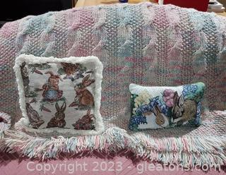 Beautiful Hand Crocheted Afghan and 2 Bunny Pillows