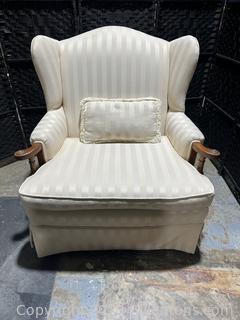 Very Nice Upholstered Wing Back Chair w/Wood Detail on Arms & Frame 