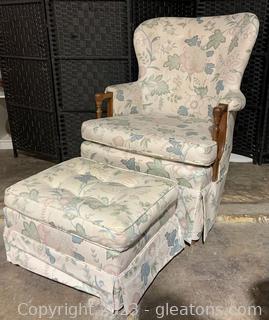 Floral and Ivory Mid Century Arm Chair with Ottoman 