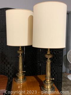 Pair of Vintage Stiffel Brass Lamps with Interesting Turn Knobs                  