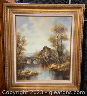 Framed European Home and Bridge Scene by Lara Lenhoff 