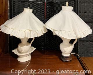 Pair of Ivory Pitcher Table Lamps with Frilly Shades 