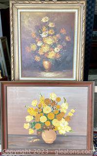 Pair of Framed Floral Still Life Oil Painting Orange and Yellow Daisies 