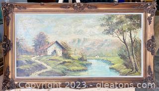 Large Landscape Oil on Canvas Painting, Framed 