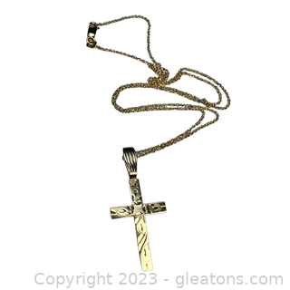 14Kt Yellow Gold Engraved Cross Necklace