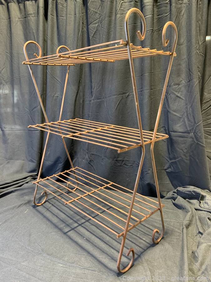 2 Tiered Shoe Rack, Vintage Metal Scrollwork and Burnt Wood Shoe