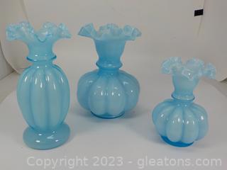 Trio of Frosted Blue, Ruffled Top, Fenton Melon Vases