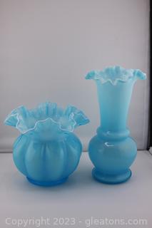 Pair of Fenton Blue Ruffled Melon Vases