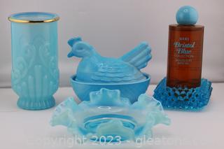 Vintage Avon Bristol Blue Collection, Vintage Milk Glass Hen & Opalescent Ruffled Blue Glass Dish