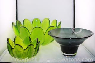 Mid Century Green Lotus Bowl Set & Glass Bowl