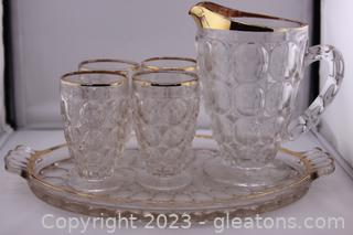 Pressed Glass Gold Gilded Pitcher, Tray & Glasses